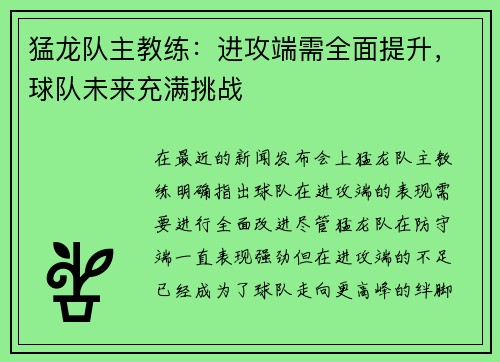 猛龙队主教练：进攻端需全面提升，球队未来充满挑战