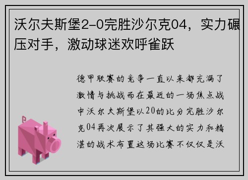沃尔夫斯堡2-0完胜沙尔克04，实力碾压对手，激动球迷欢呼雀跃